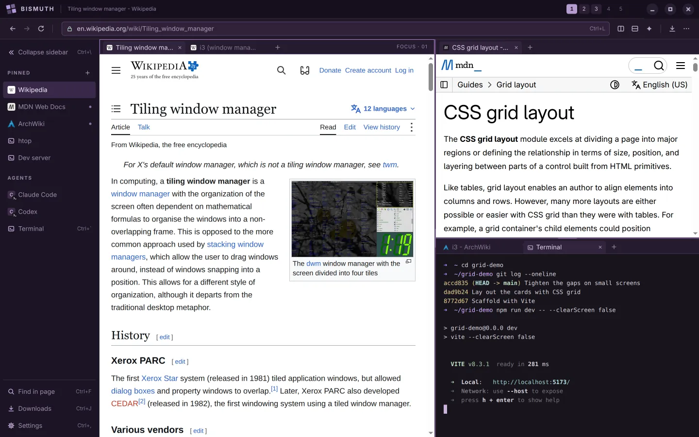 Bismuth on Linux, split into three tiles: Wikipedia's article on tiling window managers on the left, MDN's guide to CSS grid layout at the top right, and a terminal running a Vite dev server at the bottom right. The sidebar lists pinned sites, pinned commands and the two agents.