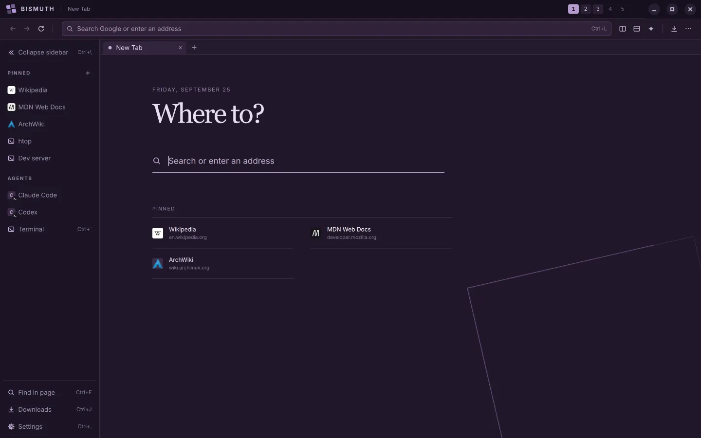 Bismuth's new tab page: the date, the heading 'Where to?', a search field, and three pinned sites, Wikipedia, MDN Web Docs and ArchWiki. There is nothing else on the page.