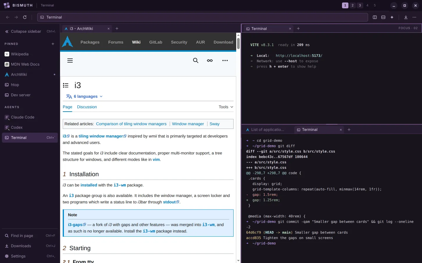Bismuth with three tiles: ArchWiki's page about i3 on the left, and on the right a terminal running a Vite dev server above a terminal showing a git diff and a new commit. The sidebar lists pinned sites and two pinned commands, htop and Dev server.