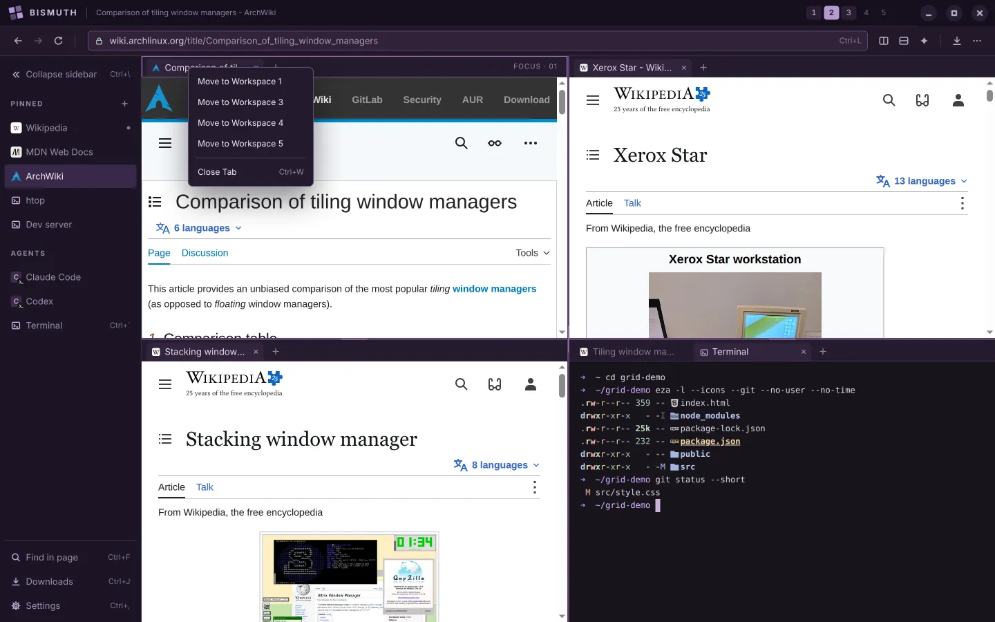 Bismuth showing workspace 2 of 5, split into four tiles: ArchWiki's comparison of tiling window managers, Wikipedia's Xerox Star article, Wikipedia's article on stacking window managers, and a terminal listing a project's files. A tab's right-click menu is open, offering to move the tab to workspace 1, 3, 4 or 5.